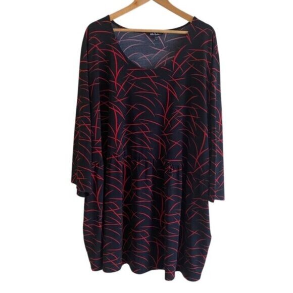 Ulla Popken Tunic Women's Size 36/38 Black Geometric Pockets Stretch Round Neck - Picture 1 of 13